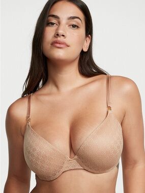 NWT VERY SEXY Icon by Victoria's Secret Push-Up Demi Bra Logo Lace Praline(Nude)